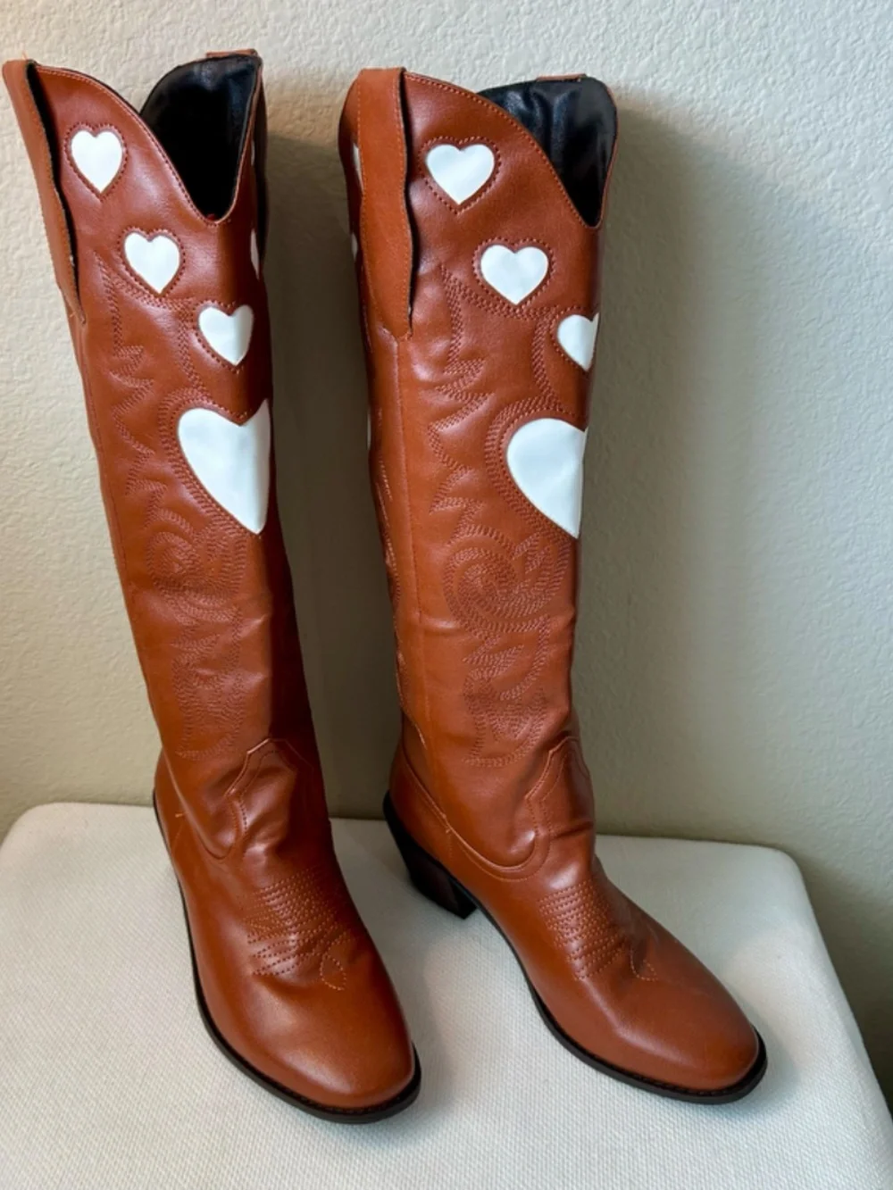 Cowboy Boot Tall Brown White Hearts Inlay Pull Strap Wide Calf Heel 1.5" 38/7.5 - Picture 3 of 14